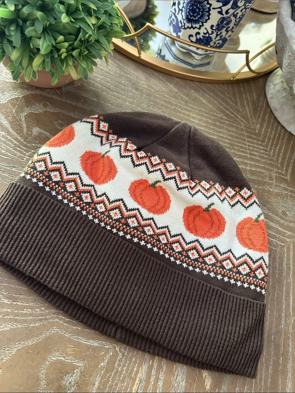 Gymboree Fall Harvest Sweater Beanie Hat with Orange Pumpkin Fair Isle Pattern